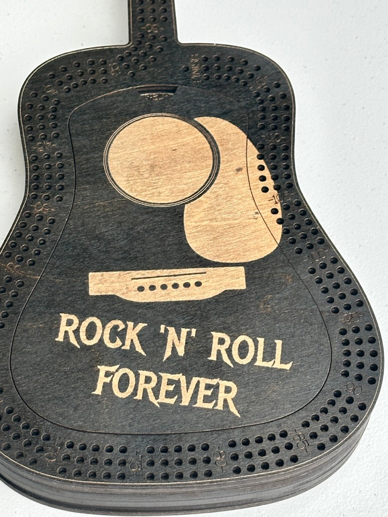 Guitar Shaped Personalized Cribbage Board in black stain