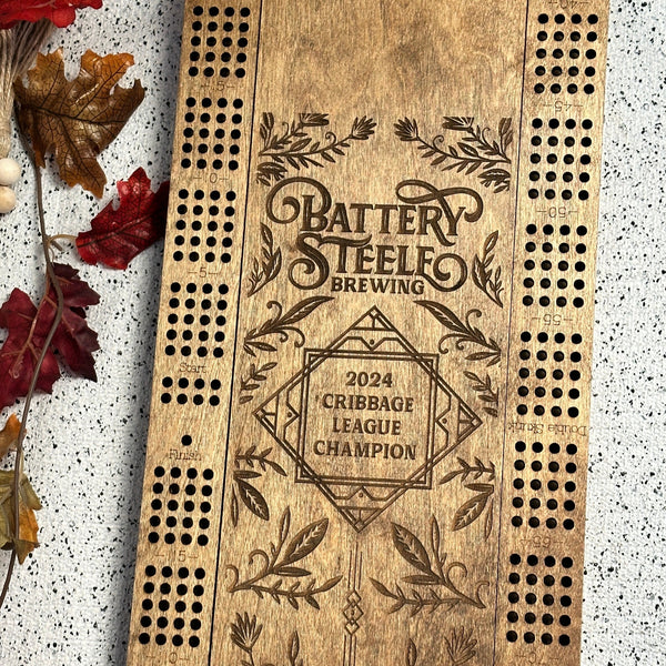 Personalized Cribbage Board with Metal Pegs and Scoring Board