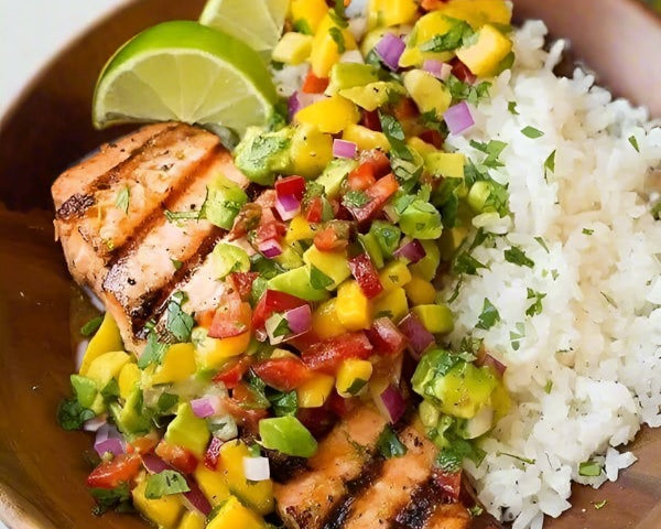 Acacia wood Bowl with rice and salmon