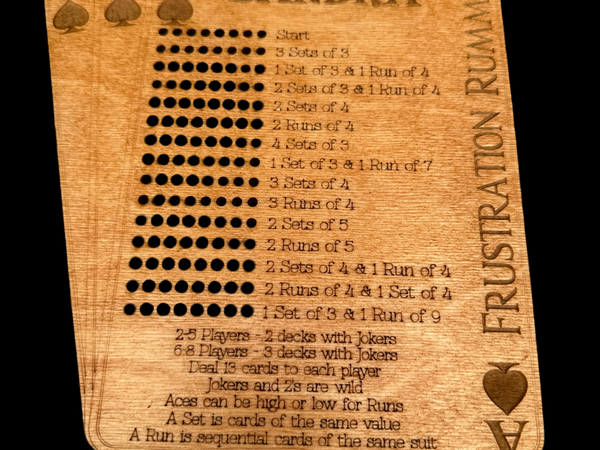 Personalized Frustration Rummy Scoreboard –8 Player- Compact & Travel-Friendly Wooden Game Board