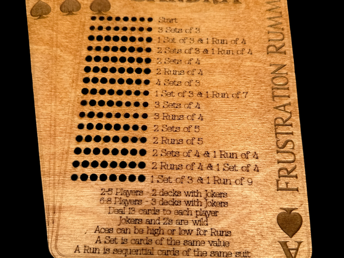 Personalized Frustration Rummy Scoreboard –8 Player- Compact & Travel-Friendly Wooden Game Board