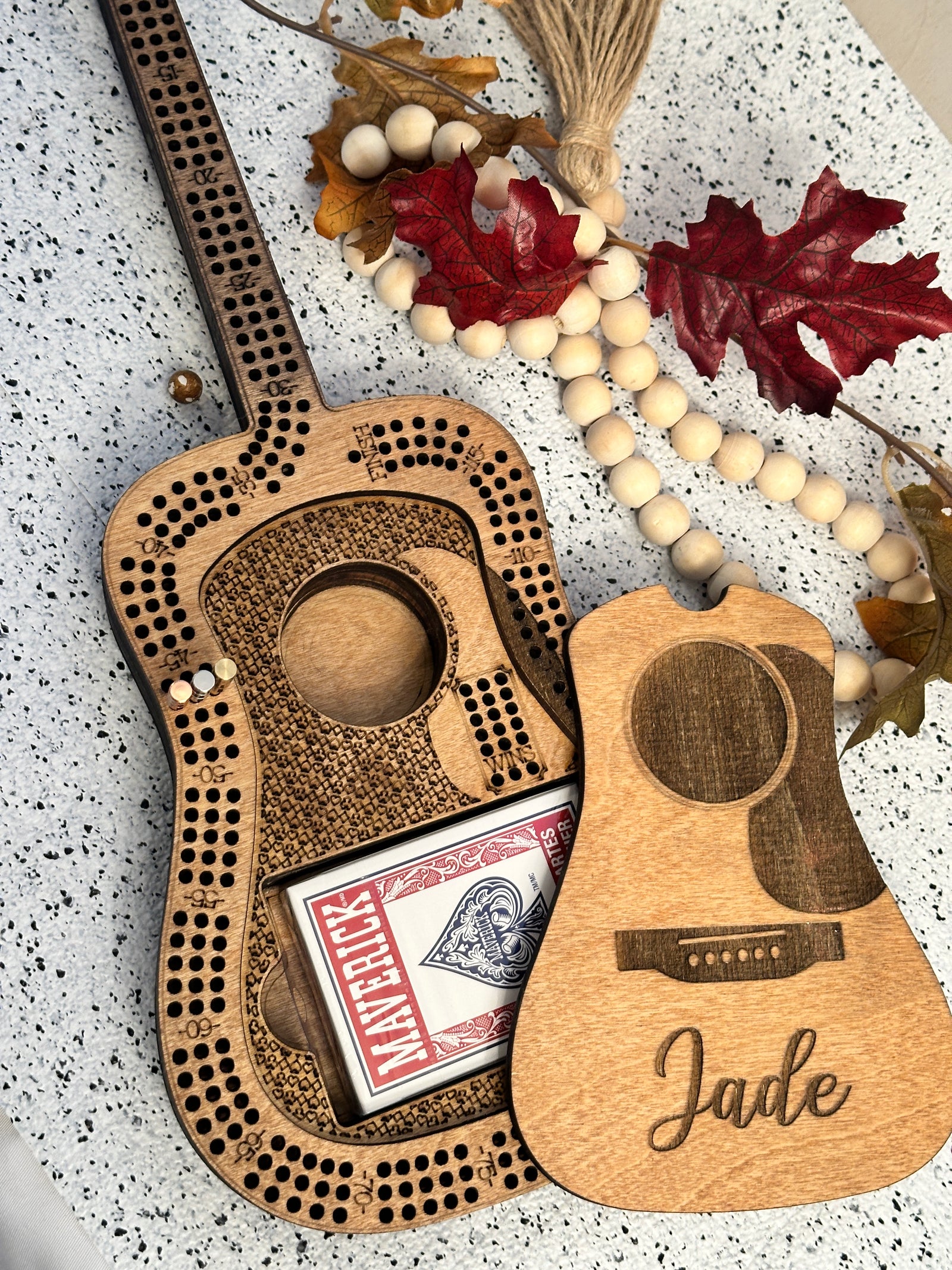 Guitar Shaped Personalized Cribbage Board in maplestain