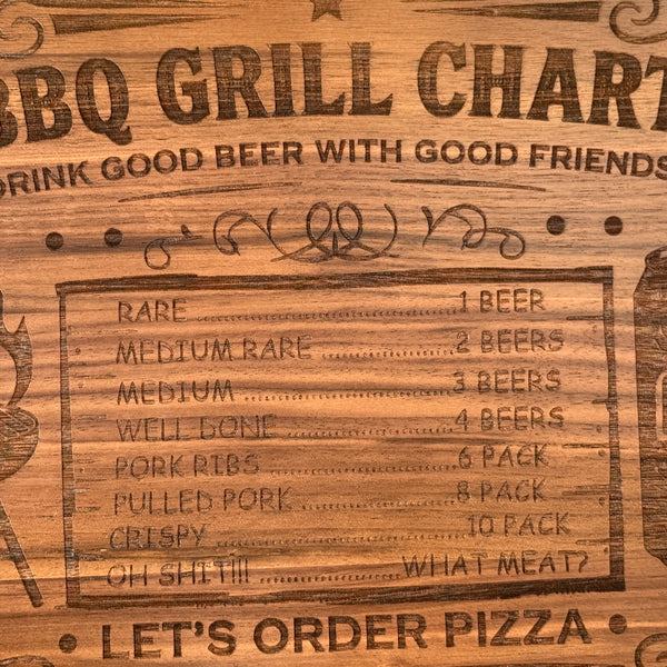 Wooden cutting board with engraved BBQ grill chart and humorous text.