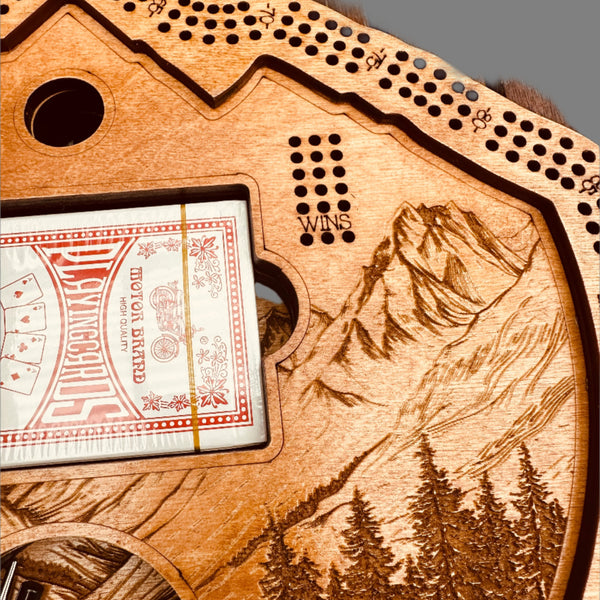 Mountain Design 3-Player Cribbage Board-laser Engraved with Card Holder and Peg Storage