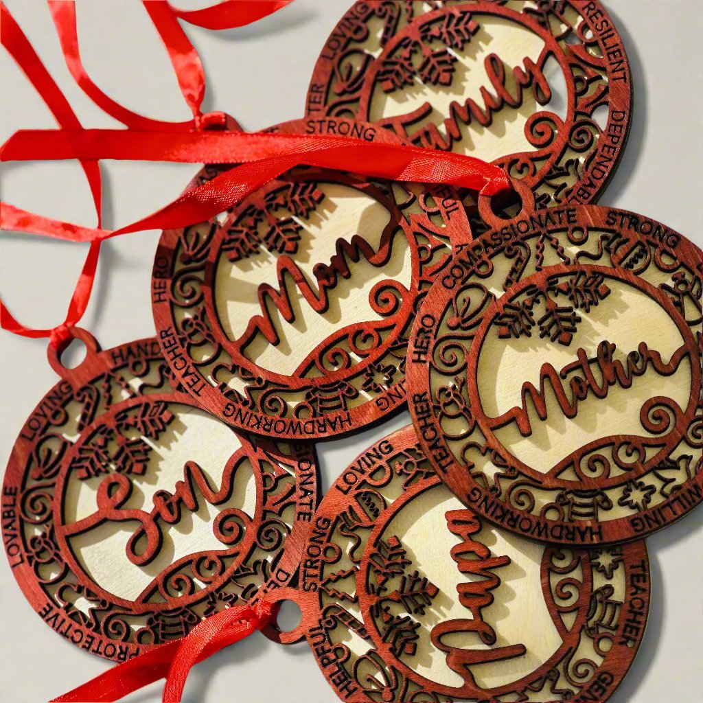 family themed christmas ornament-personalized painted red and wood background finish.2 layer wood