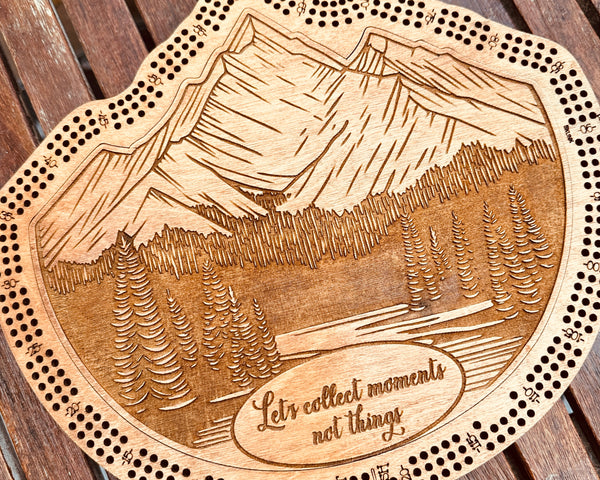Mountain Design 3-Player Cribbage Board-laser Engraved with Card Holder and Peg Storage