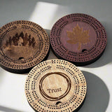 7.5 in. round crib board,espresso ,maple and dark cherry stain for 2 player,engrav with maple leaf,big foot and a ring form lord of the ring logo