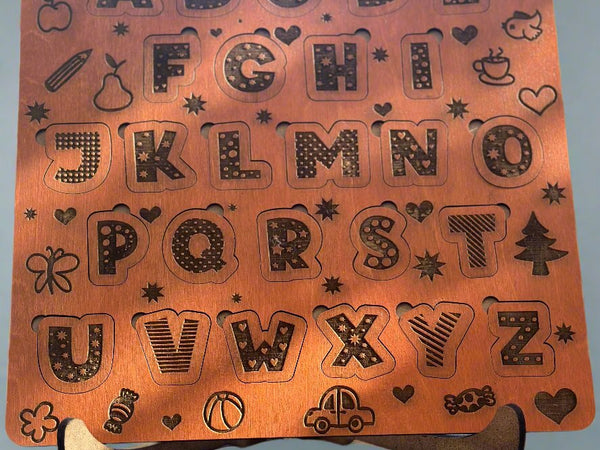 orange wood stained alpabet puzzle