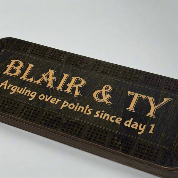 Black cribbage Board with text on a white