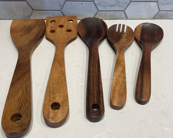 Set of  5 Acacia Wood Salad Server and Cooking Utensils