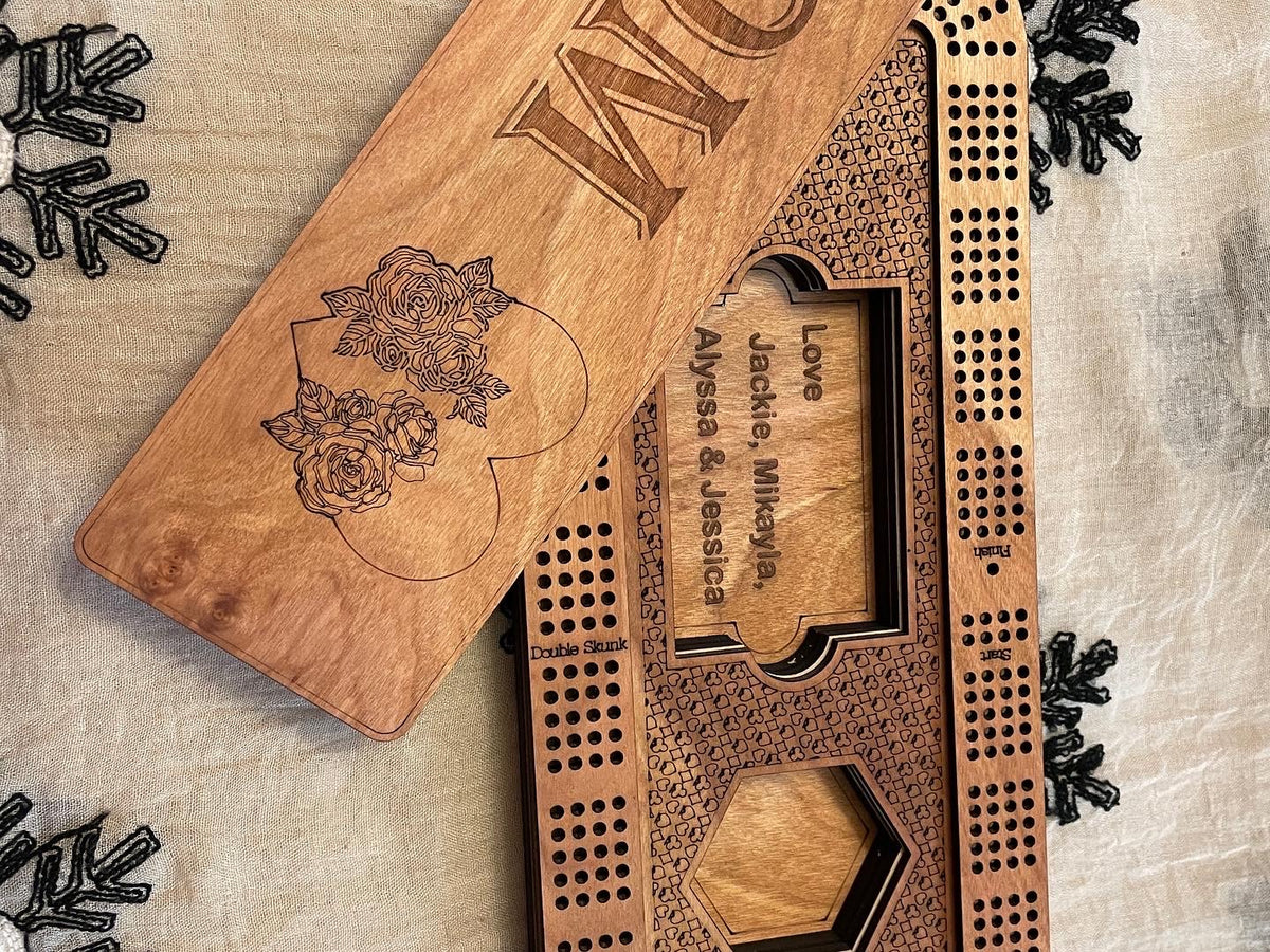 Personalized Cribbage Board with Metal Pegs and Deck of cards