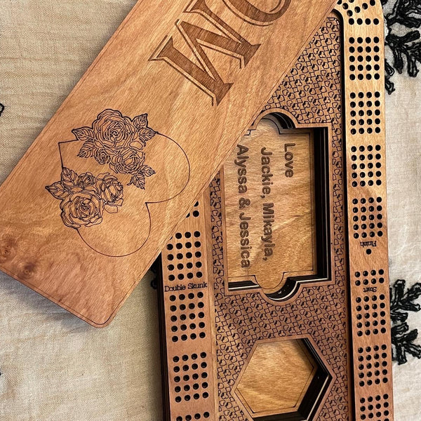 Personalized Cribbage Board with Metal Pegs and Deck of cards