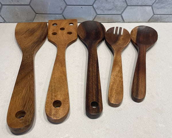 Set of  5 Acacia Wood Salad Server and Cooking Utensils