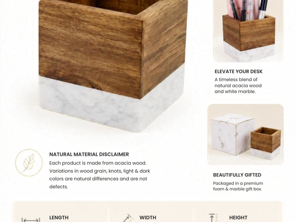 Personalized Marble & Acacia Wood Pen Holder