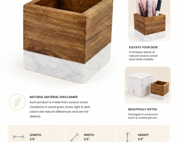 Personalized Marble & Acacia Wood Pen Holder