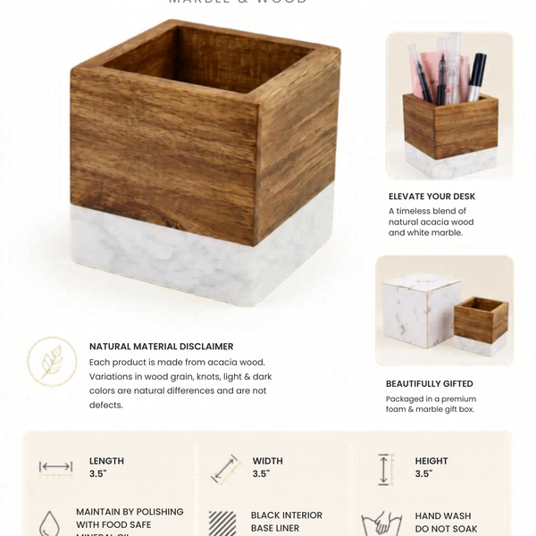 Personalized Marble & Acacia Wood Pen Holder