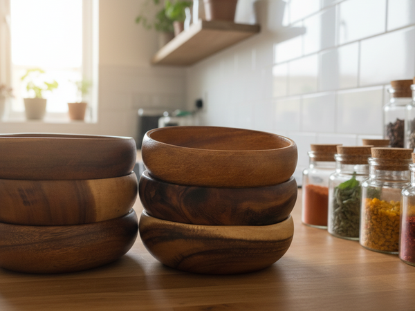 Set of wooden bowls on a kitchen counter with jars of spices in the background.
