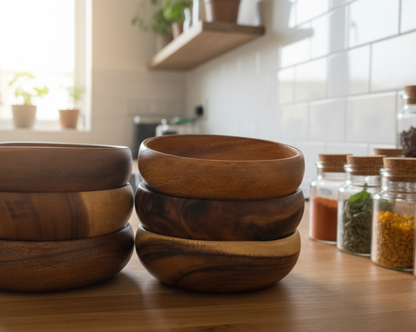 Set of wooden bowls on a kitchen counter with jars of spices in the background.