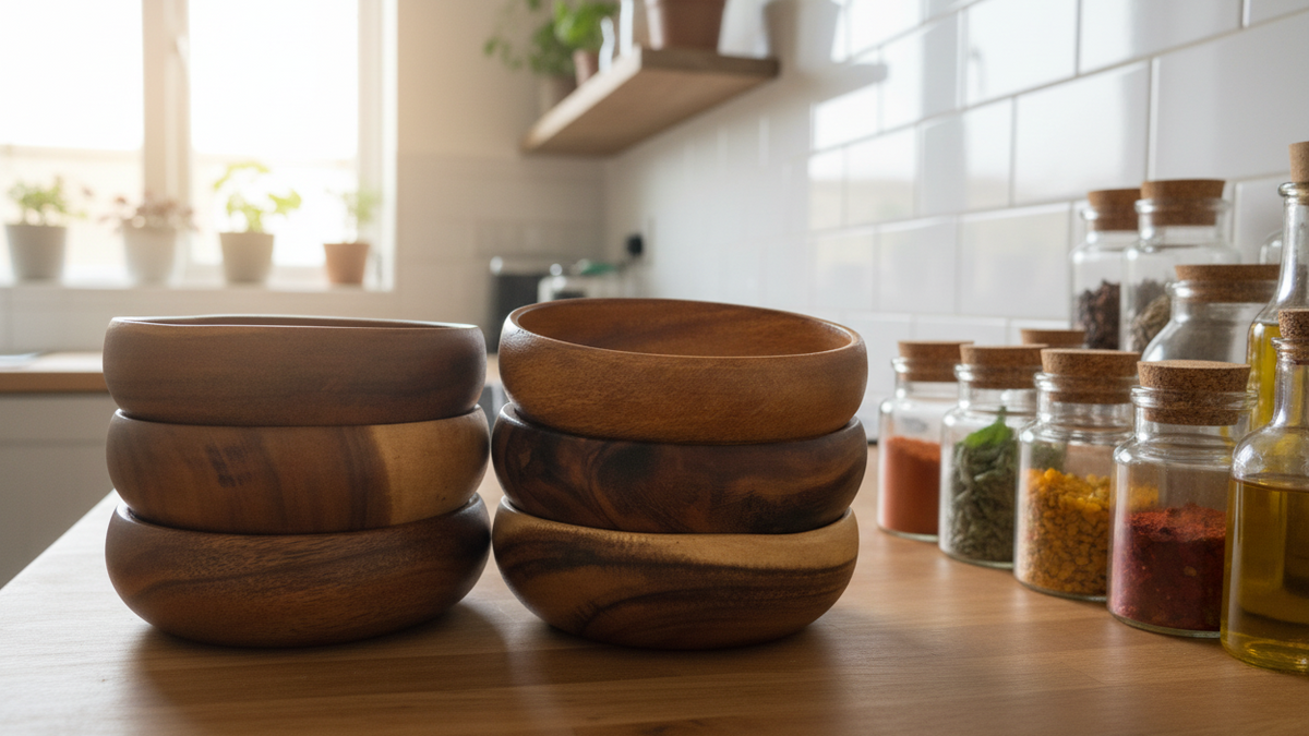 Set of wooden bowls on a kitchen counter with jars of spices in the background.