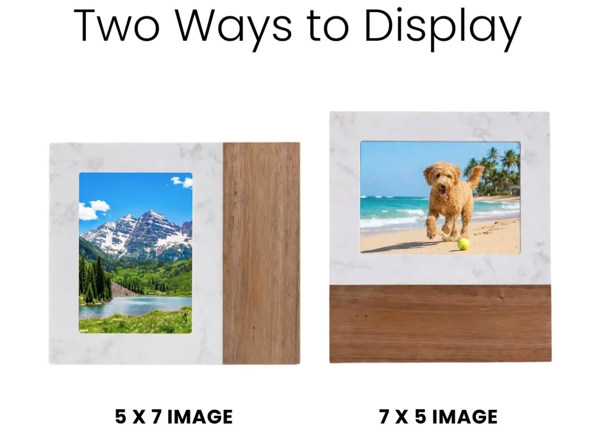 Two display options for photo frames with images of a mountain landscape and a dog on a beach.