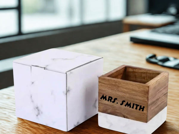 Personalized Marble & Acacia Wood Pen Holder