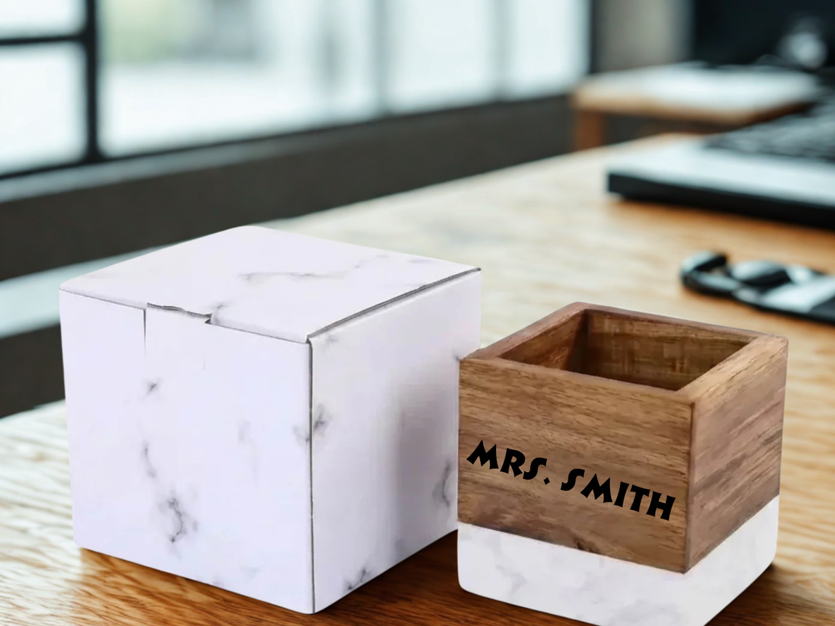 Personalized Marble & Acacia Wood Pen Holder