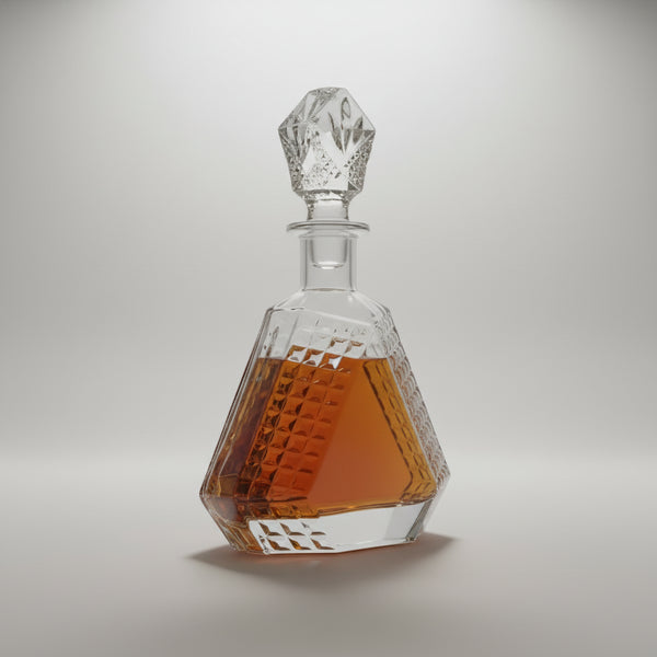 Crystal decanter with geometric design on a white background