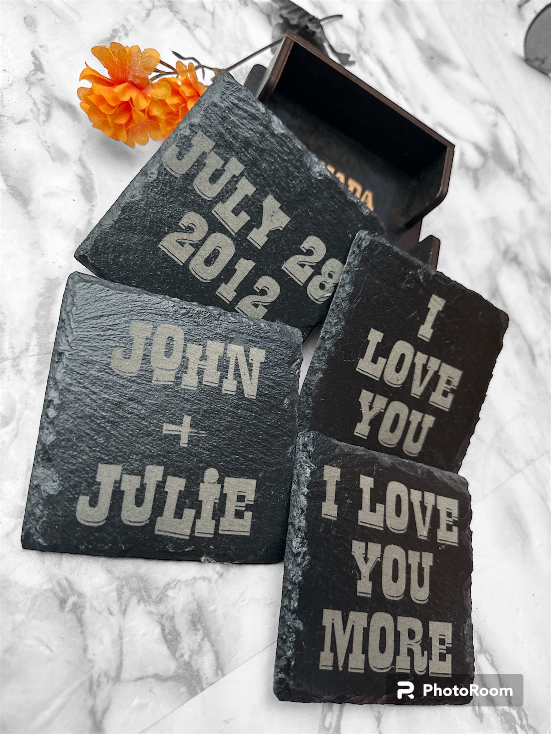 Customized Family Name Black Slate & Acacia Wood Coasters with