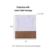 Wooden frame with marble backer dimensions and customization instructions on a white background