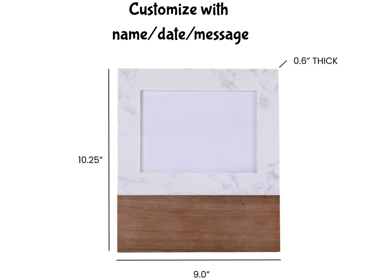 Wooden frame with marble backer dimensions and customization instructions on a white background