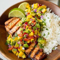 Acacia wood Bowl with rice and salmon