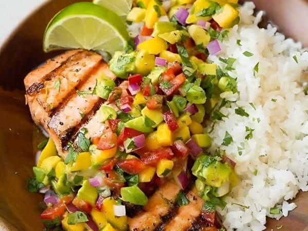 Acacia wood Bowl with rice and salmon