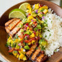 Acacia wood Bowl with rice and salmon