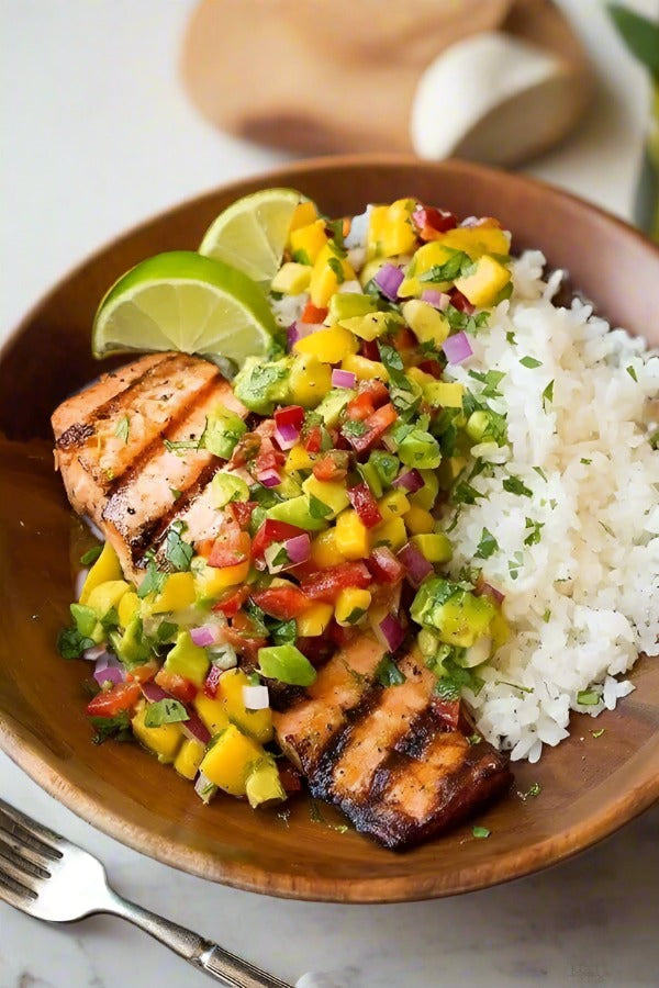 Acacia wood Bowl with rice and salmon