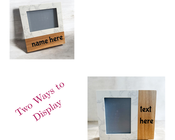 Two wooden picture frames with marble accents, one displaying 'name here' and the other 'text here'.