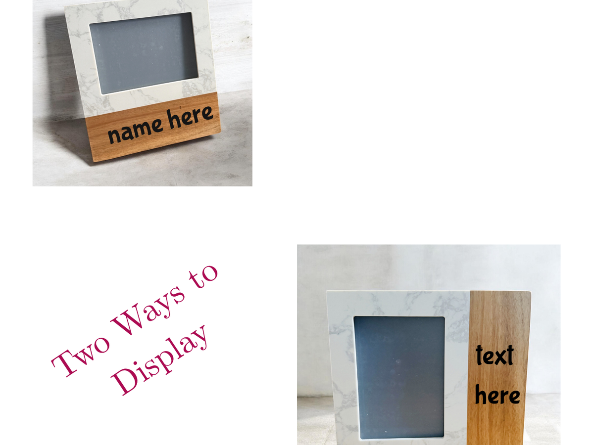 Two wooden picture frames with marble accents, one displaying 'name here' and the other 'text here'.