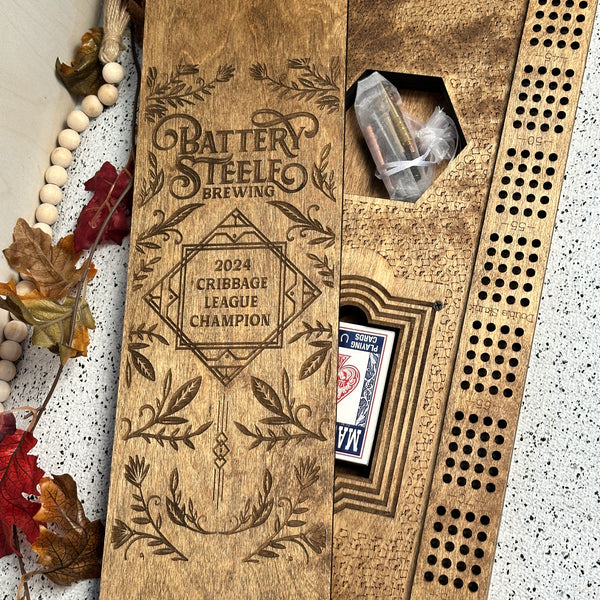 Large Personalized Cribbage board with card storage,24 in. x 9.5 in.