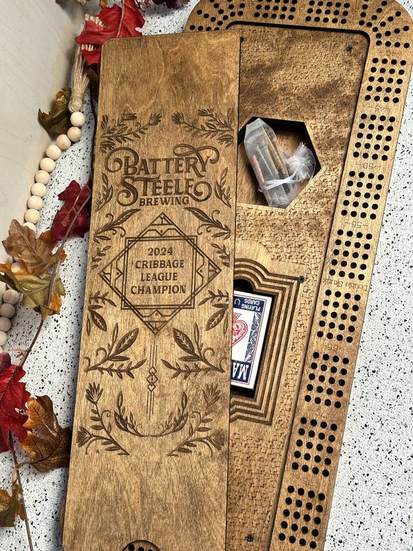 Large Personalized Cribbage board with card storage,24 in. x 9.5 in.