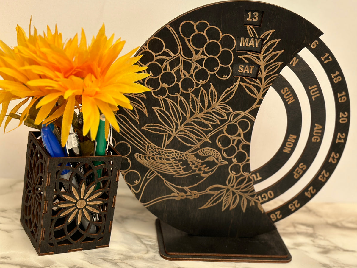 Laser cut Perpetual Calendar with Pen Holder