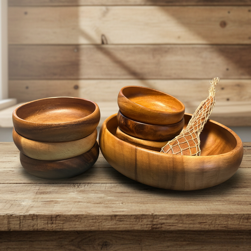 Set of wooden bowls on a wooden surface with a wooden wall background