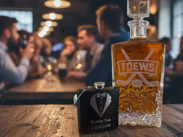 Bottle of amber liquid with 'TOEWS' branding and a black flask on a textured surface.