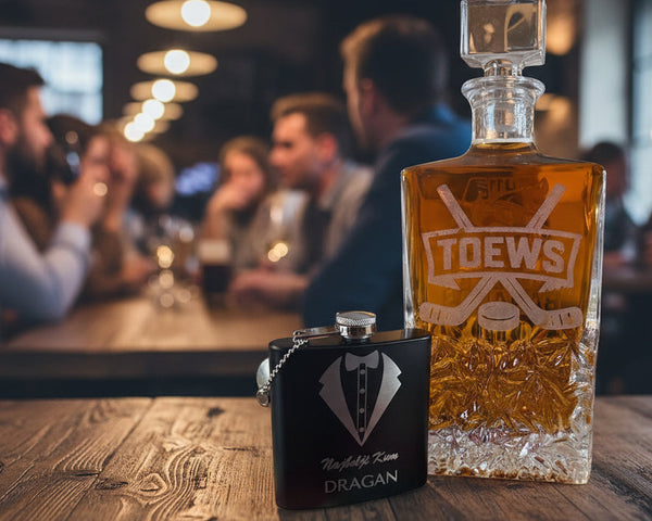 Bottle of amber liquid with 'TOEWS' branding and a black flask on a textured surface.