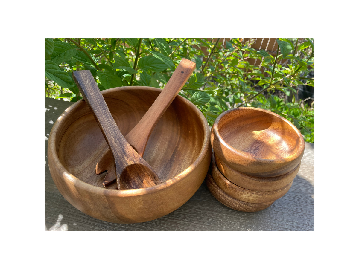 acacia wood round salad bowl set