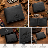 A collage showing a black leather bifold wallet in multiple views, including closed front and side views, an open interior view, engraved mountain logo with the name JASON, a presentation box, and feature callouts at the bottom. The wallet is photographed on a rustic wood surface with western-style props.