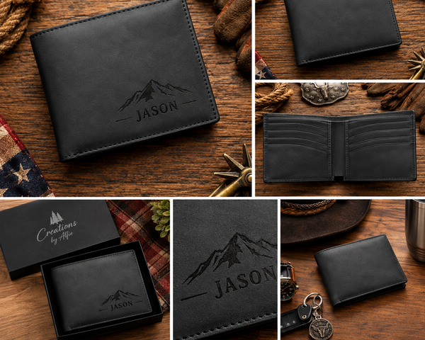 A collage showing a black leather bifold wallet in multiple views, including closed front and side views, an open interior view, engraved mountain logo with the name JASON, a presentation box, and feature callouts at the bottom. The wallet is photographed on a rustic wood surface with western-style props.