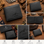 A collage showing a black leather bifold wallet in multiple views, including closed front and side views, an open interior view, engraved mountain logo with the name JASON, a presentation box, and feature callouts at the bottom. The wallet is photographed on a rustic wood surface with western-style props.
