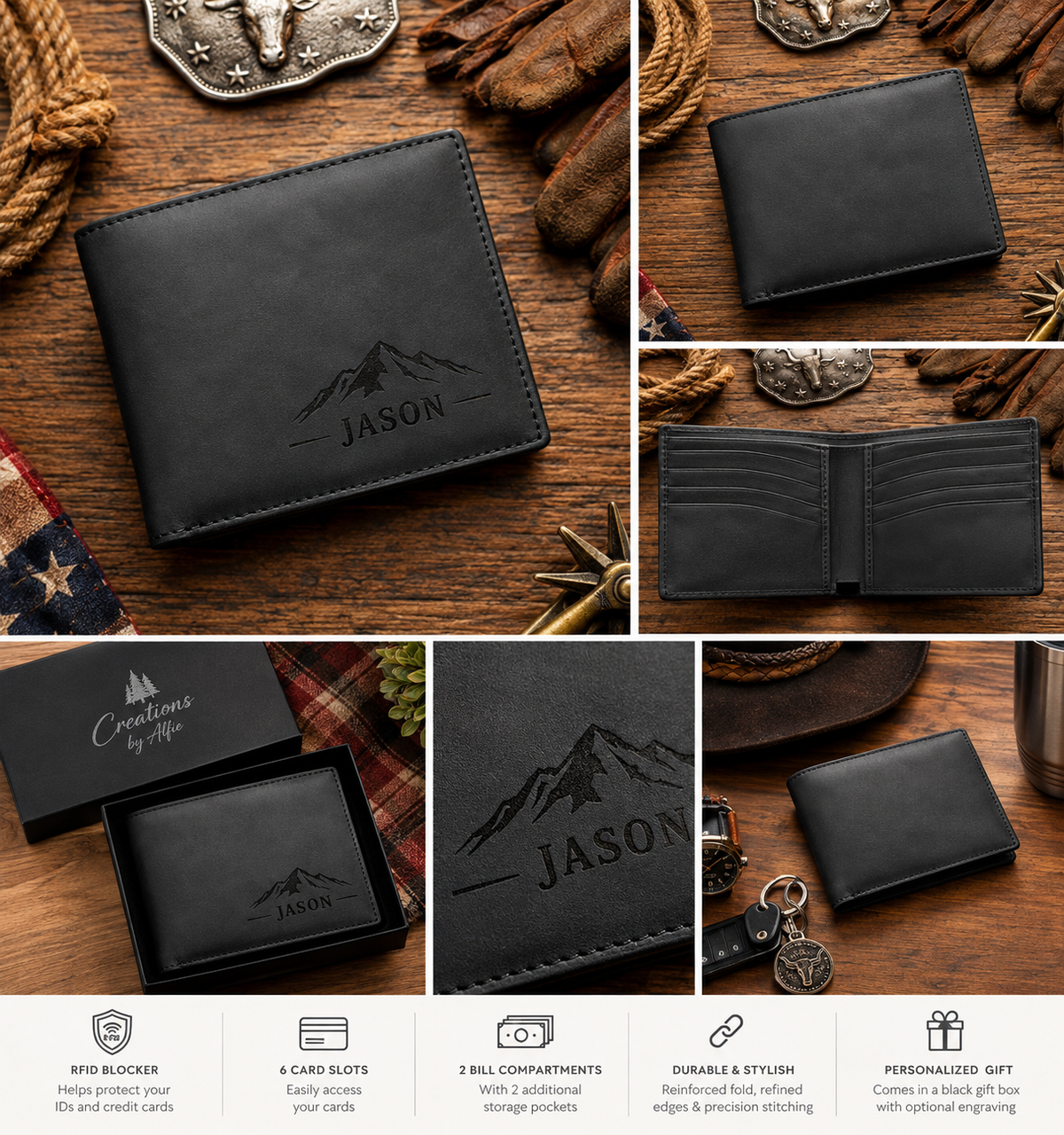A collage showing a black leather bifold wallet in multiple views, including closed front and side views, an open interior view, engraved mountain logo with the name JASON, a presentation box, and feature callouts at the bottom. The wallet is photographed on a rustic wood surface with western-style props.