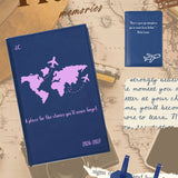 Blue travel journal with world map design on a vintage map background