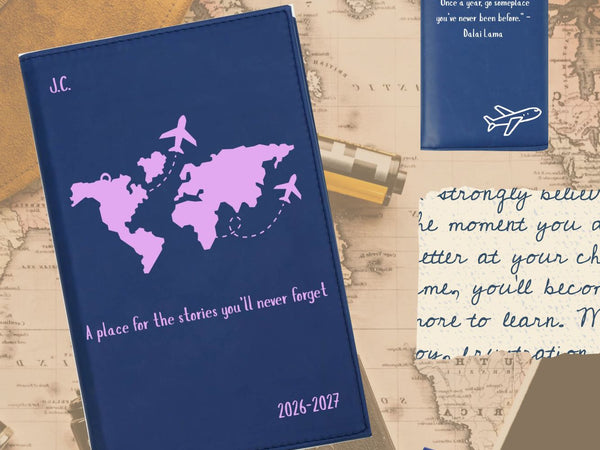 Blue travel journal with world map design on a vintage map background