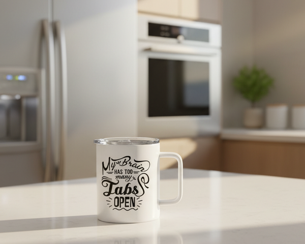 White mug with black text on a white background